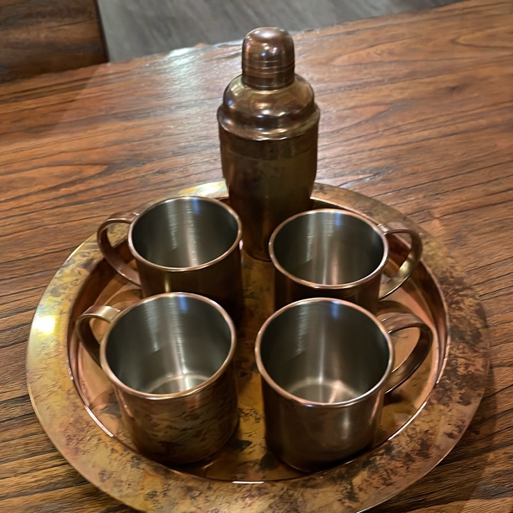 Stainless Steel Bar Set with Tray, Shaker and 4 Mule Mugs; Torched Copper Finish